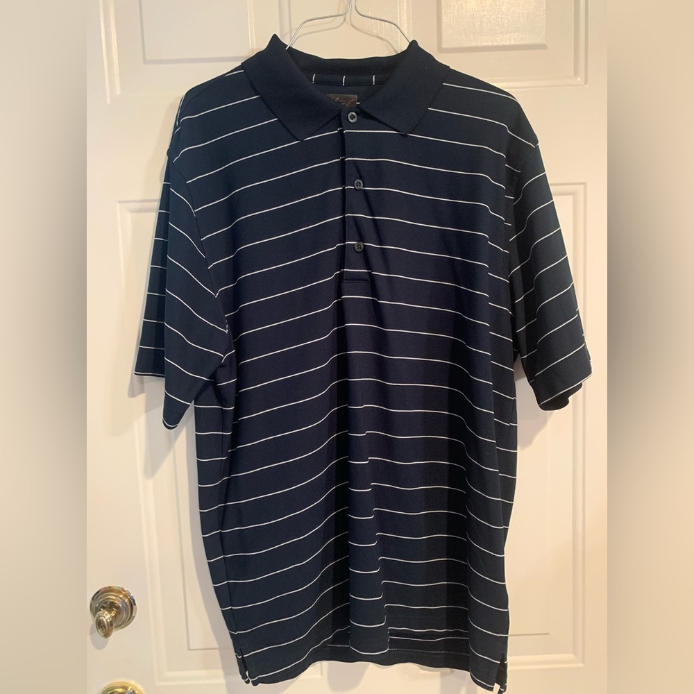 Greg Norman Play Dry Men's Navy/White Striped Polo Shirt Large